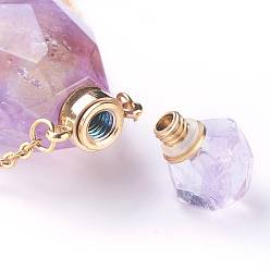 Amethyst Natural Amethyst Openable Perfume Bottle Pendant Necklaces, with 304 Stainless Steel Cable Chain and Plastic Dropper, Bottle, Size: about 34~40 long, 15~20mm wide