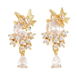 Clear Brass Micro Pave Cubic Zirconia Pendants, Oval with Butterfly Charms, Real 18K Gold Plated, Clear, 27x13x7.5mm, Hole: 1.4mm