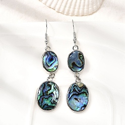 Oval Серьги-подвески из натуральной латунной раковины морского ушка, долговечный, стойки покрытие, платина, овальные, 64x15.5 мм