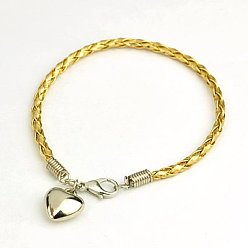 Gold PU Leather Braided Charm Bracelets, with CCB Plastic Pendants and Alloy Lobster Claw Clasps, Gold, 180mm