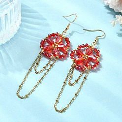 Red Electroplate Glass Woven Dangle Earrings for Women, Flower, 304 Stainless Steel Dangle Earrings, Real 18K Gold Plated, Red, 93.5x25.5mm
