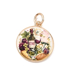 Doré  Pendentifs en laiton, breloques rondes à motifs alimentaires, colorées, or, 20.5x18x3mm, Trou: 4mm