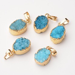 Turquoise Oval Natural Druzy Agate Pendants, with Golden Tone Brass Findings, Dyed, Turquoise, 21~24x12~14x8~9mm, Hole: 5x8mm