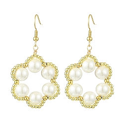 Golden Flower Shell Pearl & Non-magnetic Synthetic Hematite Bead Dangle Earrings, Golden, 52x29mm
