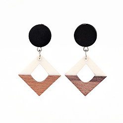 White Resin & Wood Dangle Earrings, with Pear Wood Beads and 304 Stainless Steel Stud Earring Findings, Plastic Ear Nuts, Rhombus, White, 48mm, Pin: 0.7mm