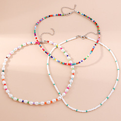 (52) Непрозрачная лаванда 3шт. овальные стеклянные бусины с пластиковыми жемчужными бусинами ожерелья для женщин, платина, разноцветные, 16.14 дюйм(41см) & 16.54 дюйм(42см) & 17.72 дюйм(45см)