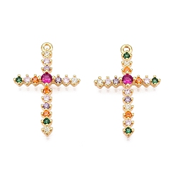 Настоящее золото 18K Латунные микропаве прозрачные подвески с фианитом, крестик, реальный 18 k позолоченный, 23x15.5x3.5 мм, отверстие : 1 мм
