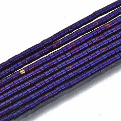 Indigo Electroplate Non-magnetic Synthetic Hematite Beads Strands, Column, Indigo, 1.5x1mm, Hole: 0.5mm, about 377~383pcs/strand, 15.75 inch~15.94 inch(40cm~40.5cm)