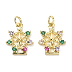 Colorful Brass Micro Pave Colorful Cubic Zirconia Pendants, Ferris Wheel Charms, Real 18K Gold Plated, 16x14x2mm, Hole: 3.5mm