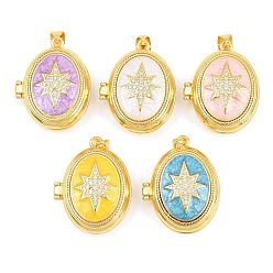 Mixed Color Brass Locket Pendants, with Enamel & Clear Cubic Zirconia, Cadmium Free & Lead Free, Real 18K Gold Plated, Rack Plating, Long-Lasting Plated, Star with Oval Charms, Mixed Color, 26x21x9mm, Hole: 3x5mm