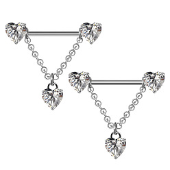 Нержавеющая Сталь Цвет 316l Стремя для соски в форме сердца из нержавеющей стали с прозрачным кубическим цирконием, булавки для пирсинга сосков, цвет нержавеющей стали, 14 мм, штифты : 1.6 мм