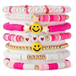 Темно-Розовый 7шт. браслеты с улыбающимся лицом из сплава и полимерной глины heishi и ccb из пластика и акрила с бусинами для женщин и дружбы, темно-розовыми, 6-3/4 дюйм (17 см)