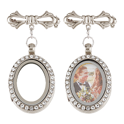 Платина 2шт латунная брошь, с подвесками-медальонами из сплава со стразами и магнитным стеклом, овальные, платина, 50 мм