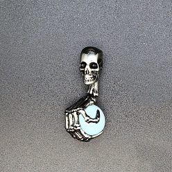 Opalite Halloween Skull Opalite Alloy Pendants, Skeleton Hand Charms with Gems Sphere Ball, Antique Silver, 43x19mm