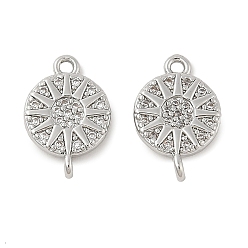 Платина Шармы-соединители из латуни с микропаве из кубического циркония, без кадмия, без никеля и без свинца, плоские круглые с солнцем, платина, 13x9x3 мм, отверстия : 1 mm и 1.2 мм