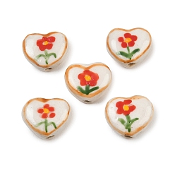 Красный Фарфоровые бусины ручной работы, Сердце & цветок, пастельный фарфор, красные, 12~13x14.5~15x6.5~7 мм, отверстие : 1.8 мм