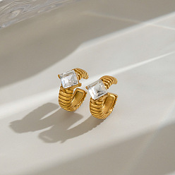 Real 18K Gold Plated 304 Stainless Steel Pave Cubic Zirconia Cuff Earrings for Women, Rhombus, Real 18K Gold Plated, 14.2x8.9mm