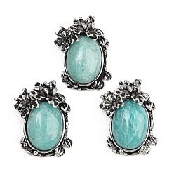Античное Серебро Природные подвески амазонит, Овальные латунные камни с подвесками в виде цветов, стойки покрытие, долговечный, античное серебро, 28.5x21.5x11.5 мм, отверстие : 5x2 мм
