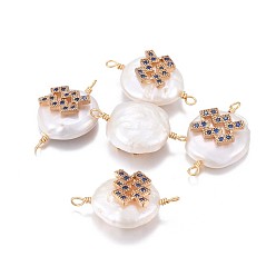 Aquarius Natural Pearl Links connectors, with Brass Micro Pave Cubic Zirconia Findings, Flat Round with Constellation, Golden, Marine Blue, Aquarius, 20~26x9~17x5~11mm, Hole: 1.6mm