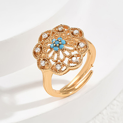 Синий Элегантные регулируемые кольца для женщин с микропаве из латуни и кубическими цирконами, цветок, золотые, синие, 17 мм, внутренний диаметр: регулируемый