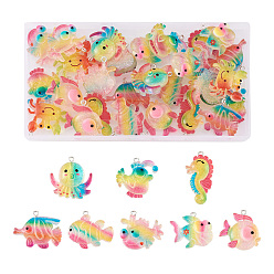 Разноцветный 32шт 8 подвески из прозрачной смолы в стиле океана, с блестящей пудрой и железными петлями платинового тона, очарование морских животных, Осьминог/морской конек/рыба/краб, красочный, 25.5~34x18~30x8~9 мм, отверстие : 2 мм, 4 шт / стиль