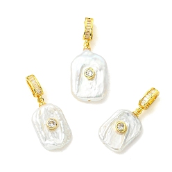 Oro Colgantes de perlas keshi de perlas barrocas naturales, encantos del rectángulo, con chapado en bastidor, hallazgos de circonita cúbica transparente pavé de latón, blanco, dorado, 30~35 mm, colgante: 20~25x12~14.5x5.5~7 mm, agujero: 3.5x6 mm