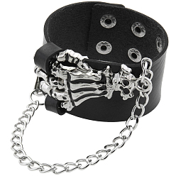 Черный Браслеты из шнура из искусственной кожи в стиле панк, Браслеты-защелки из сплава для мужчин и женщин, Скелет руки, чёрные, 8-3/4x1-5/8x5/8 дюйм (22.3x4x1.55 см)