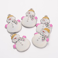 White Alloy Enamel Pendants, Cadmium Free & Lead Free, Christmas Snowman, White, Platinum, about 25mm long, 17mm wide, 4mm thick, hole: 2mm