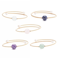 Смешанные камни Натуральный жемчуг и драгоценный камень круглый браслет-манжета с бусинами, латунный браслет с крутящим моментом для женщин, золотые, внутренний диаметр: 2-1/8 дюйм (5.5 см)