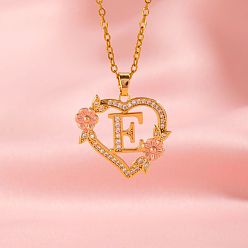 Letter E Латунные кристаллы горный хрусталь полые розы сердце с подвеской в виде буквы для женщин, с розовым эмали, золотые, Письмо E, 19.69 дюйм (50 см)