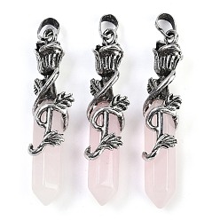 Розовый Кварц Натуральный розовый кварц ограненный двойной конечный заостренный большой кулон, Подвески в виде шестиугольной призмы с розой в оболочке из сплава, античное серебро, 51~53x14x10.5 мм, отверстие : 4.5 мм