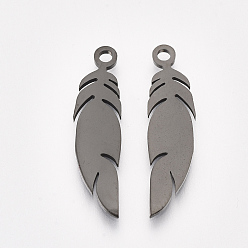 Черный Цвет Металла 201 подвески из нержавеющей стали, перо, металлический черный , 25x6x1 мм, отверстие : 1.6 мм
