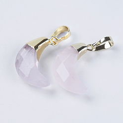 Rose Quartz Faceted Natural Rose Quartz Pendant, with Golden Plated Brass Findings, Moon, 18~19x11~12x4.5~5.5mm, Hole: 3.5x6mm