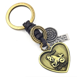 Capricorn Heart with Constellations Antique Bronze Alloy Keychains, with Leather Cords, Capricorn, 10cm