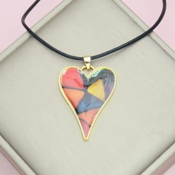 Золотой Красочный сердечный сплав эмалированный кулон черный искусственный кожаный шнур ожерелья для женщин, золотые, 17.32 дюйм (44 см)