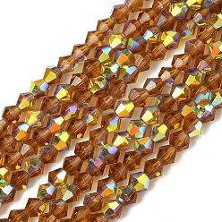 Сиена Гальванизируйте прозрачное стекло бисер нитей, двухконусные, с покрытием AB цвета, граненые, с половиным покрытием, цвет охры, 4.5x3.5~4 мм, отверстие : 0.8~1 мм, около 82~83 шт / нитка, 12.01''~12.20'' (30.5~31 см).