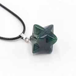 (RRHB277) Кристалл на подкладке из медово-бежевого цвета Подвески-шезлонги из натурального индийского агата в виде геометрической гексаграммы и звезды с черными шнурками., 15.75 дюйм (40 см)