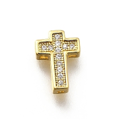 Настоящее золото 18K Латунные микро проложить кубического циркония бусы, крестик, стойки покрытие, без кадмия и без свинца, долговечный, реальный 18 k позолоченный, 10.5x7.5x3 мм, отверстие : 1x1 мм