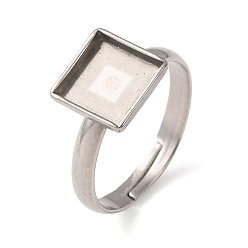 Stainless Steel Color Adjustable 304 Stainless Steel Finger Rings Components, Pad Ring Base Findings, Square, Stainless Steel Color, 9mm, 17mm, Tray Size: 8x8mm