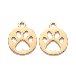 Golden 201 Stainless Steel Pendants, Laser Cut, Manual Polishing, Flat Round with Paw Print, Golden, 14x12x1mm, Hole: 1.5mm
