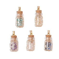 Смешанные камни 5шт. подвески в виде стеклянных банок, обмотанные медной проволокой, подвески внутри бутылки из натурального лазурита, розового кварца, цитрина, амазонита и аметиста, 26x11 мм, отверстие : 6x2.5 мм