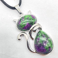 Ruby in Zoisite Natural Ruby in Zoisite Alloy Cat Shape Pendant Necklaces, Platinum, 23.62 inch(60cm)