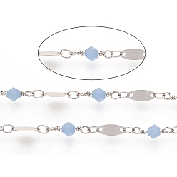 Platinum Soldered Handmade Faceted Glass Beaded Chains, with Brass Oval Links, Long-Lasting Plated, with Spoo, Light Sky Bluel, Platinum, 13x4.5mm, about 32.8 Feet(10m)/roll