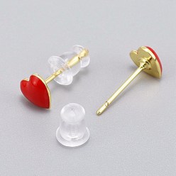 Red Brass Enamel Stud Earrings, with Plastic Ear Nuts, Long-Lasting Plated, Heart, Real 18K Gold Plated, Red, 6x6.5mm, Pin: 1mm