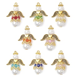 Mixed Color 8Pcs 8 Colors Pearlized Glass Pearl & Glass Pendants, Angle, with Alloy Wing & Iron Loop, Mixed Color, 26x20x10.5mm, Hole: 1mm, 1pc/color
