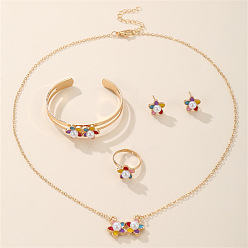 Золотой Ожерелья с подвесками из цветочного сплава, кольца, браслеты-манжеты и серьги-гвоздики для детей, золотые, 225 мм