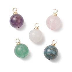 Смешанные камни Круглые подвески из натурального аметиста, розового кварца, кварцевого кристалла, апатита и зеленого авантюрина, с медными петлями, золотые, 12x8.5 мм, отверстие : 1.6 мм