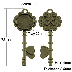 Antique Bronze Tibetan Style Pendant Cabochon Settings, Cadmium Free & Nickel Free & Lead Free, Key, Antique Bronze, 72x28x2.5mm, Hole: 4mm, Tray: 20mm