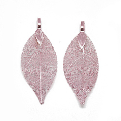 Розовое Покрытие Большие подвески из железа , гальванический натуральный лист, лист, розовый покрытием, 52~53x19~20x1.5 мм, отверстие : 3x5.5 мм