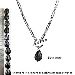 (946F)Морозный цвет внутри  Жонкиль / Непрозрачная зеленая подкладка Подвеска из натурального черного агата (окрашенного и термически обработанного) 304 цепочка из нержавеющей стали в виде скрепки или ожерелье для женщин, цвет нержавеющей стали, 18.11 дюйм (46 см)